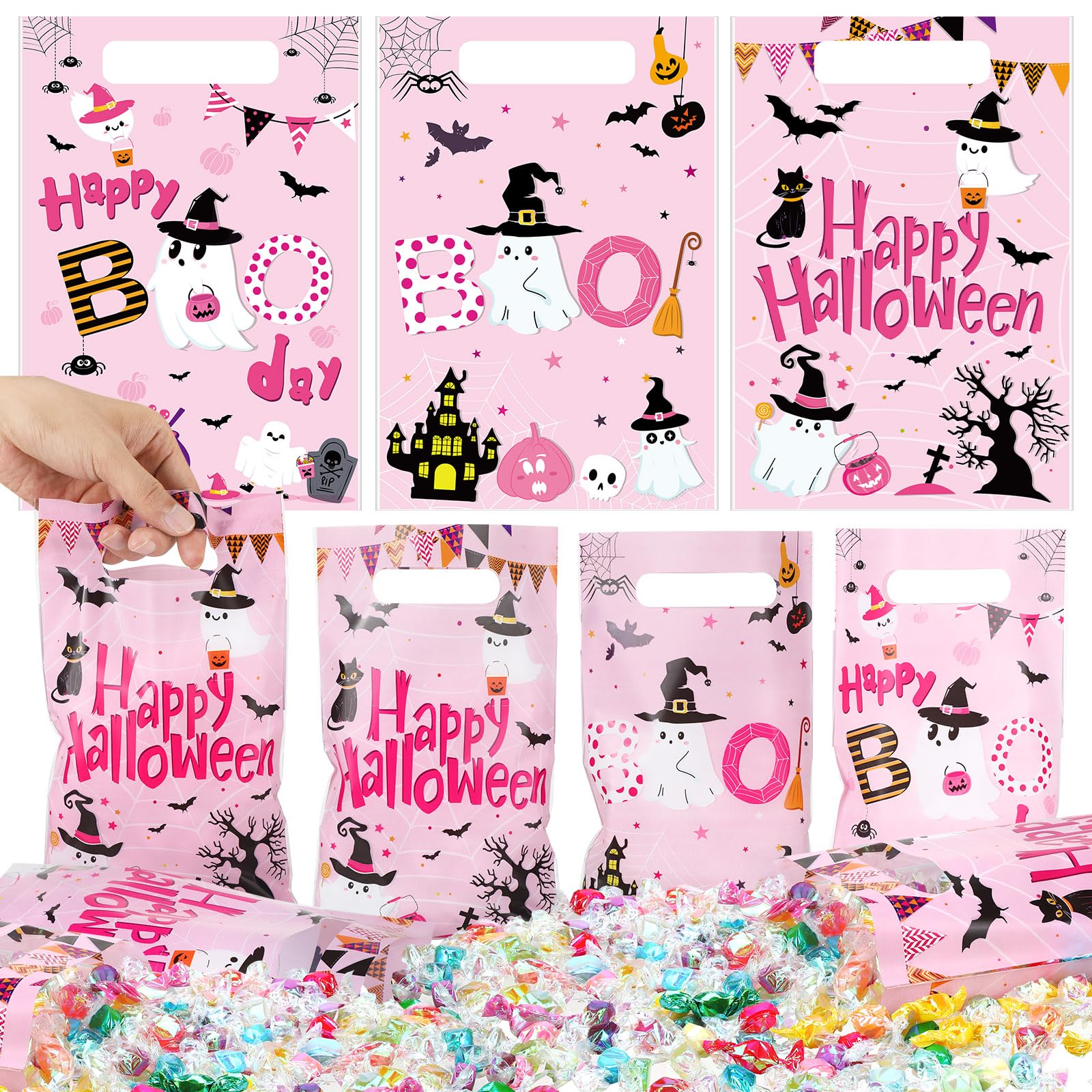 Sweetude 150 Pcs Halloween Little Boo Party Favor Bags Pink Little Boo Plastic Goody Bags Trick or Treat Candy Gift Bags for Halloween Party Kids Theme Birthday Baby Shower Party Favors Supplies