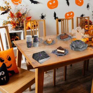 durony 100 Pieces Halloween Spider Web Party Supplies Tableware Set Including Halloween Spiderweb Dinner Paper Plates Cups Napkins Serves for 25, Halloween Party Decorations