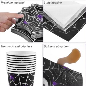 durony 100 Pieces Halloween Spider Web Party Supplies Tableware Set Including Halloween Spiderweb Dinner Paper Plates Cups Napkins Serves for 25, Halloween Party Decorations