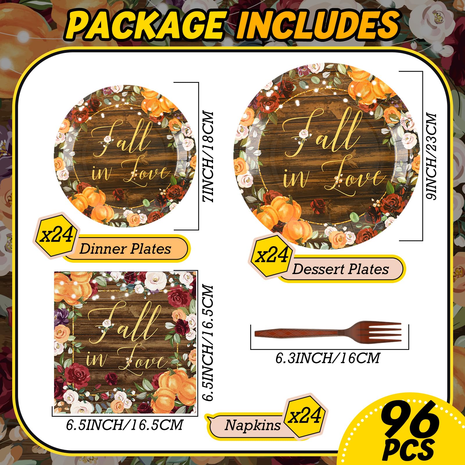 Sunnyray 96 Pieces Fall in Love Party Decorations Supplies Pumpkin Flower Autumn Party Tableware Set Bridal Shower Party Dessert Plates Napkins Forks for 24 Guests Bridal Anniversary Engagement Party