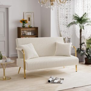 Nolohoo Loveseat Couch with Gold Legs, Velvet Upholstered Small 2 Seater Sofa with 2 Pillows, 58.6" W Comfy Settee Mini Couches for Office Living Room Compact Space (Beige White,Velvet)