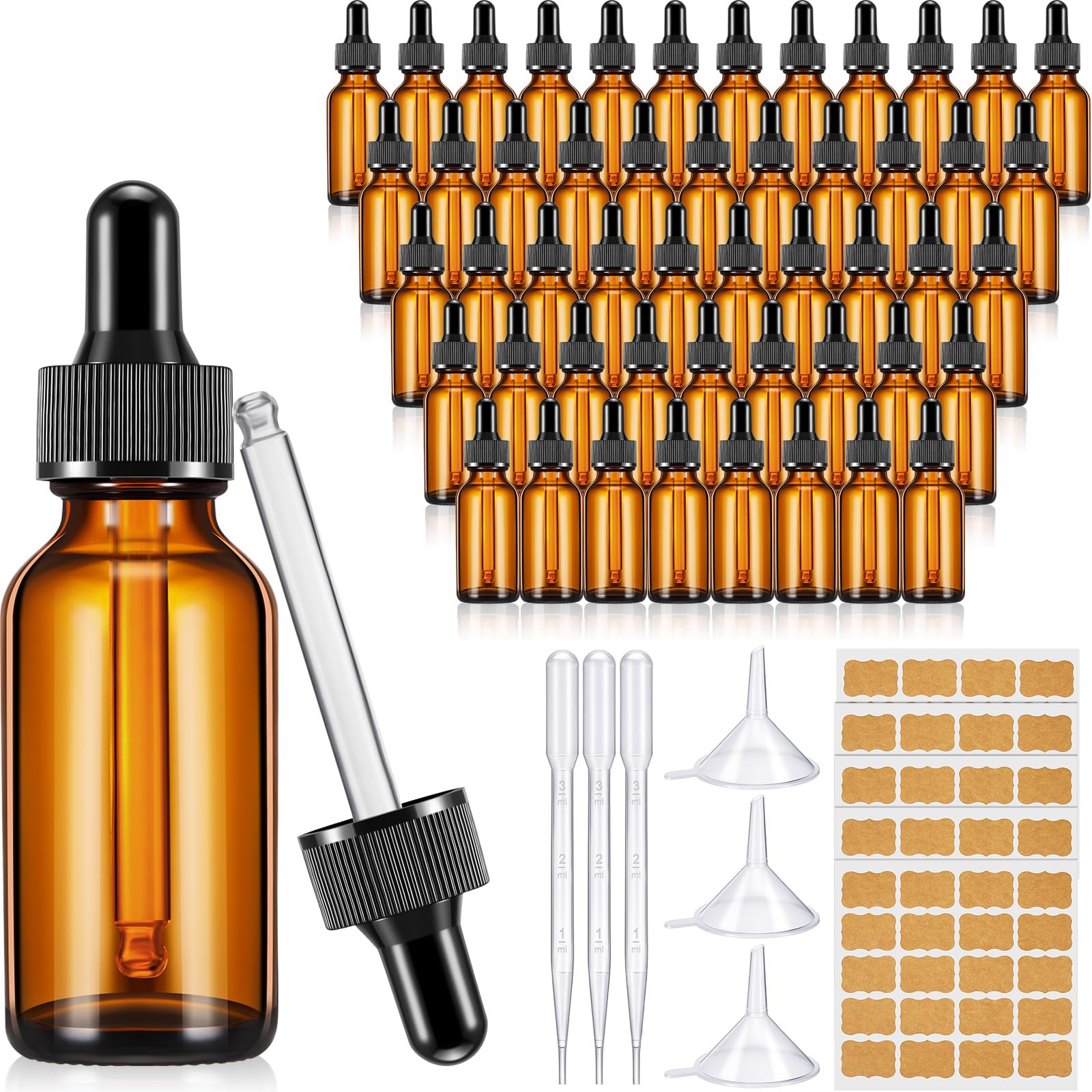 Lallisa 100 Pack Essential Oil Dropper Bottle 30 ml (1 oz) Glass Dropper Bottles with Eye Dropper Dispenser Dropping Bottle with 5 Funnels 5 Pipettes 3ml 100 Labels for Essential Oil Perfume (Amber)