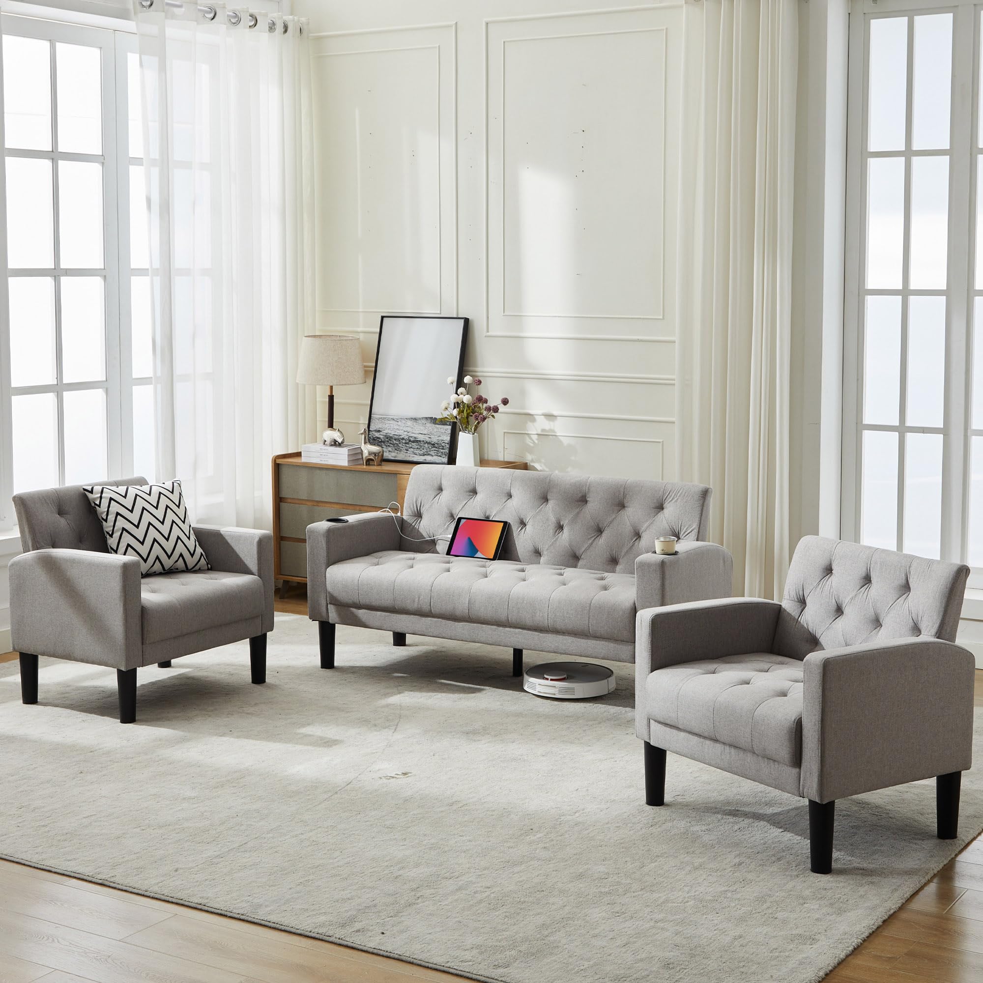 TYBOATLE Light Grey Linen Fabric Mid-Century Modern Sofa Set 3 Pieces, Tufted Linen Fabric USB Loveseat Couch with 2 Cupholders and 2 Accent Armchairs for Living Room, Bedroom, Apartment