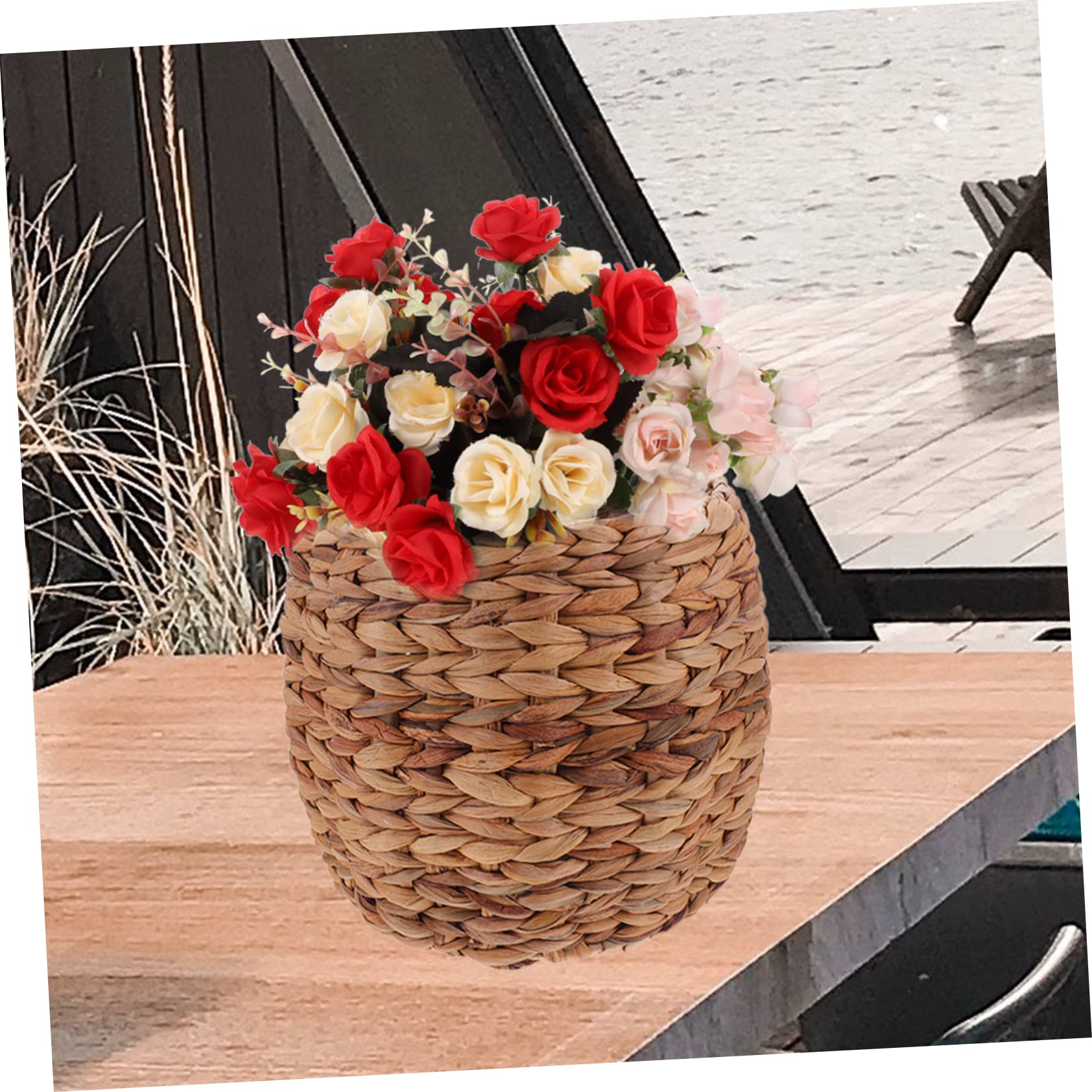 CHILDWEET Straw Storage Basket Wicker Trash Can Basket Plant Containers Sundries Storage Basket Wardrobe Baskets Straw Baskets Straw Planter Basket Garbage Can Arrangement Iron