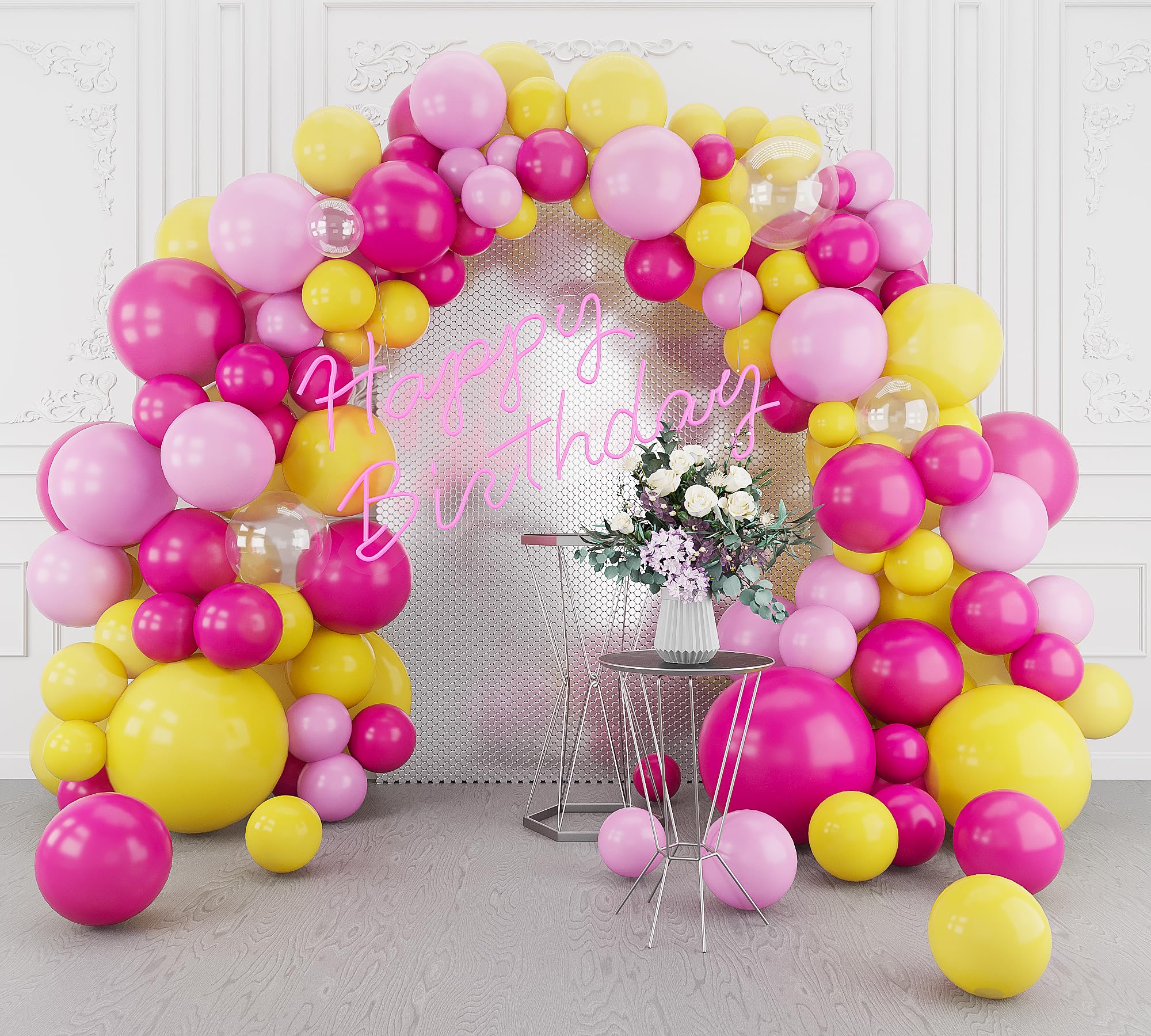 Hot Pink Yellow Balloons Arch Garland Kit-148Pcs Pink Yellow Balloon Garland for Birthday Anniversary Baby Shower Engagement Wedding Retirement Party Decoration