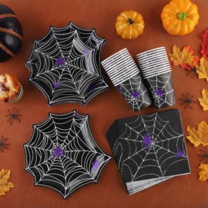 durony 100 Pieces Halloween Spider Web Party Supplies Tableware Set Including Halloween Spiderweb Dinner Paper Plates Cups Napkins Serves for 25, Halloween Party Decorations