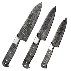 Hercules Knives Custom 3Pcs Set Of Chef Knife - Kitchen Knife Hand Forged Hammered Damascus Steel Blank Blade Handmade Knife Making Supply (STEEL BOLSTER)