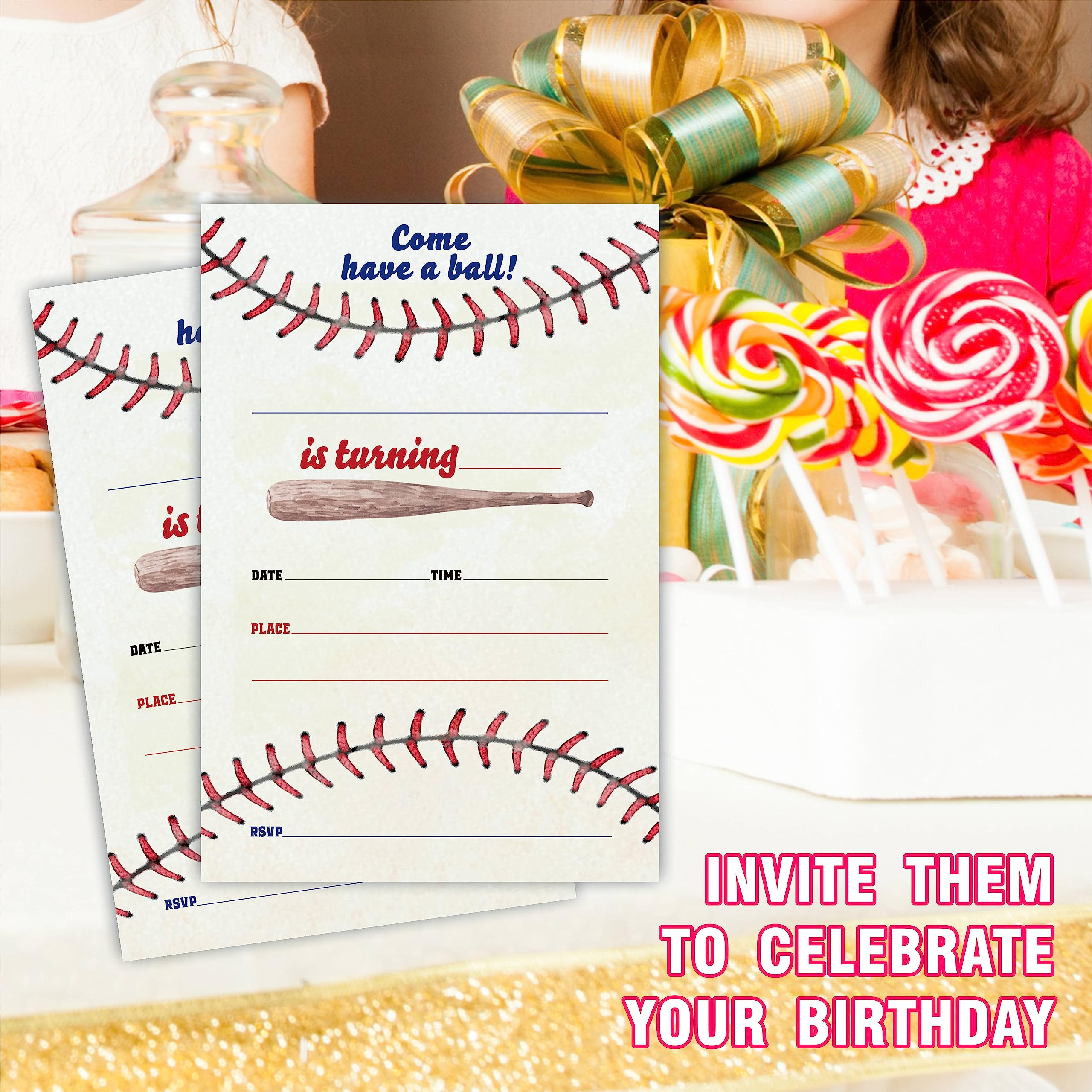 JCVUK Baseball Birthday Invitation Cards, Sports Theme, 20 Invites With Envelopes, Double-sided Fill In Style Invitations, Birthday Party Favor, Decorations And Supplies - Y06