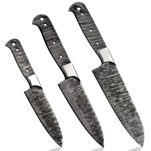 Hercules Knives Custom 3Pcs Set Of Chef Knife - Kitchen Knife Hand Forged Hammered Damascus Steel Blank Blade Handmade Knife Making Supply (STEEL BOLSTER)