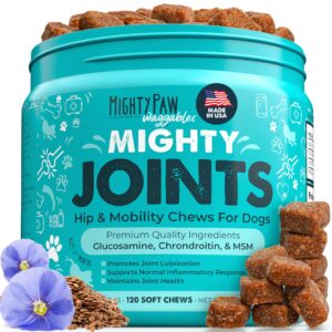 mighty paw waggables joint support supplement for dogs (made in usa) | glucosamine for dogs hip and joint supplement. vet formulated pet mobility, chondriotin & msm dog joint supplement chews (120 ct)