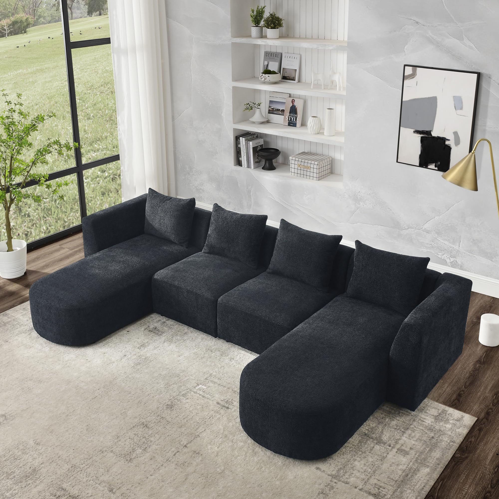 DEINPPA U Shape Modular Sectional Sofa, Minimalist Style Modular Couch, 4 Seat Cushion Couch with 4 Pillows for Living Room/Apartment, Bouclé Fabric, Black