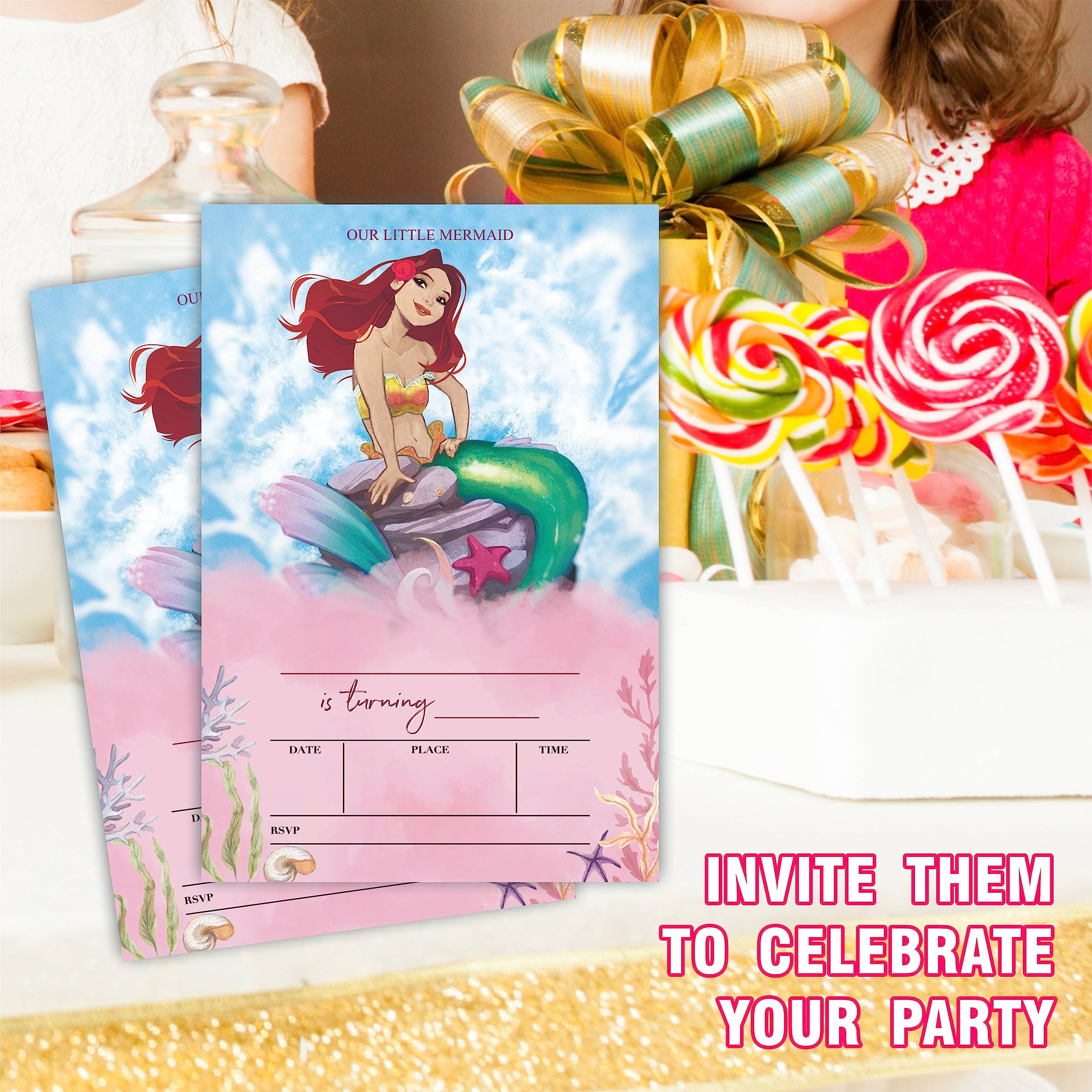 JCVUK Mermaid Theme Party Birthday Invitation Cards, Under The Sea, 20 Invites With Envelopes, Double-sided Fill In Style Invitations, Birthday Party Favor, Decorations And Supplies - Y10