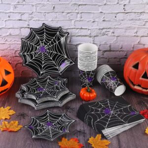 durony 100 Pieces Halloween Spider Web Party Supplies Tableware Set Including Halloween Spiderweb Dinner Paper Plates Cups Napkins Serves for 25, Halloween Party Decorations