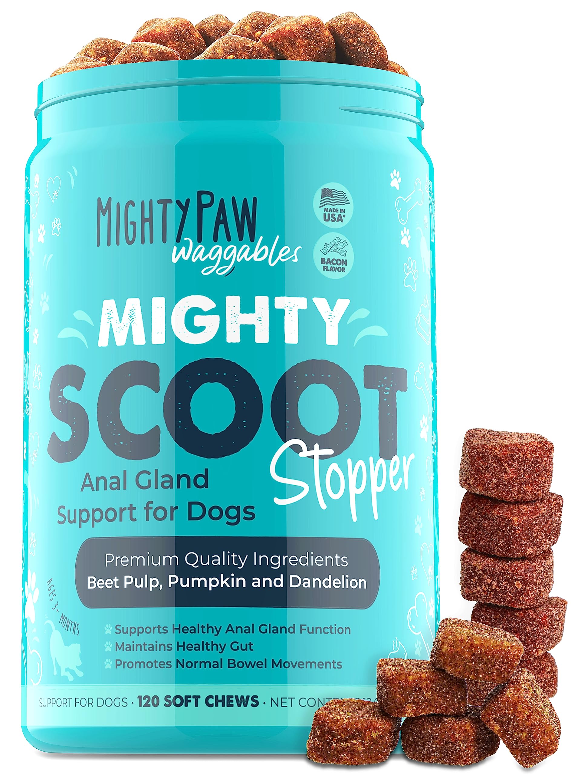 Mighty Paw Waggables Mighty Scoot (Made in USA) | Dog Digestive Support Anal Gland Chews. Dog Anal Gland Scoot for Dogs. Beet Pulp & Pumpkin Dog Fiber Supplements. Pet Bowel Gut Health (120 Count)