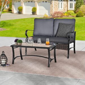 lokatse home outdoor loveseat set of 2 patio furniture couch with rectangle coffee table, black&gray