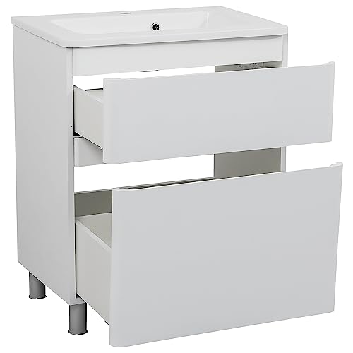 Modern Free Standing Bathroom Vanity with Washbasin | Comfort White High Gloss Collection with Side Vanity Cabinet | Non-Toxic Fire-Resistant MDF-64 (12+40+12)-Omega Collection R-line 32"