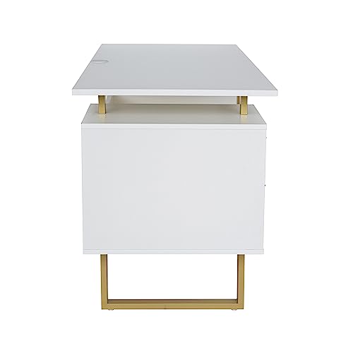 Techni Mobili Storage Drawers and Cabinet 51.25” W-Modern Office Large Floating Desktop Surface Desk, 23.6" D x 51.2" W x 29.8" H, White/Gold