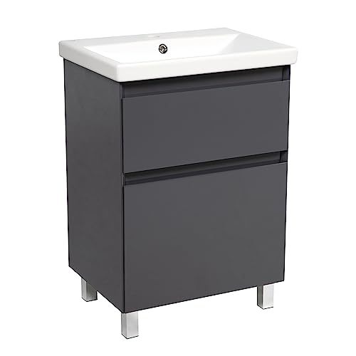 Modern Free Standing Bathroom Vanity with Washbasin | Elit Graphite Gloss Collection | Non-Toxic Fire-Resistant MDF-40-Omega Collection R-line 24"