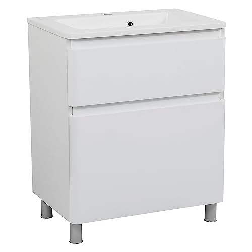 Modern Free Standing Bathroom Vanity with Washbasin | Comfort White High Gloss Collection with Side Vanity Cabinet | Non-Toxic Fire-Resistant MDF-64 (12+40+12)-Omega Collection R-line 32"