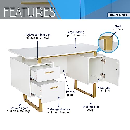 Techni Mobili Storage Drawers and Cabinet 51.25” W-Modern Office Large Floating Desktop Surface Desk, 23.6" D x 51.2" W x 29.8" H, White/Gold