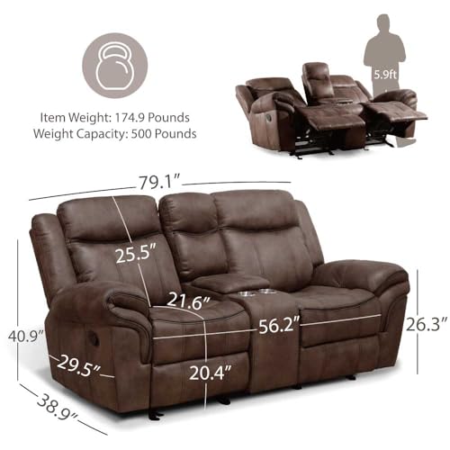 24/7 Shop at Home Amos Oversized Nursery Glider Recliner Chairs for Adults, Manual Comfy Reading Couch, Overstuffed Reclining Loveseat Sofa, Adjustable Comfy Theater Seating, for Living Room, Brown