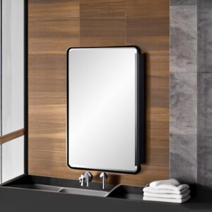 IDYLLOR Black Bathroom Mirror Medicine Cabinet with Round Corner Framed Door and Beveled Edge Mirror 15 x 25 inch, Recessed or Surface Mount, with Adjustable Glass Shelves