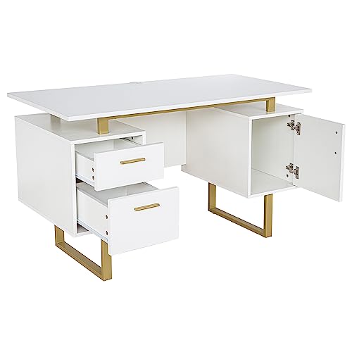 Techni Mobili Storage Drawers and Cabinet 51.25” W-Modern Office Large Floating Desktop Surface Desk, 23.6" D x 51.2" W x 29.8" H, White/Gold