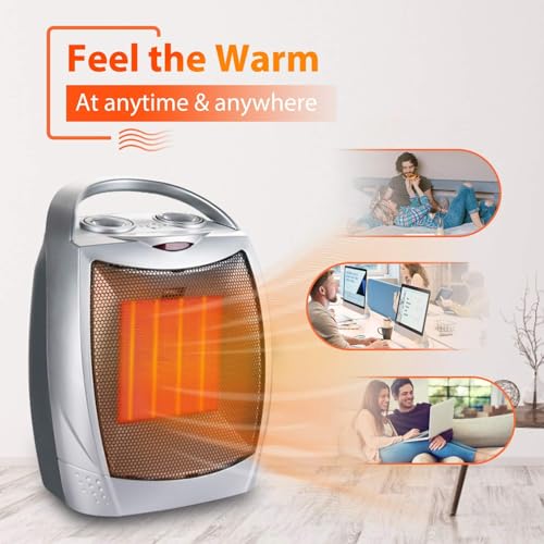 Portable Small Electric Space Heater with Thermostat,1500W/750W Ceramic MIni Heater for Indoor Use,Fast Heating,Desk Heater Fan with 3 Heat Settings,Built-in Overheat & Tip-Over Protection (Silver)