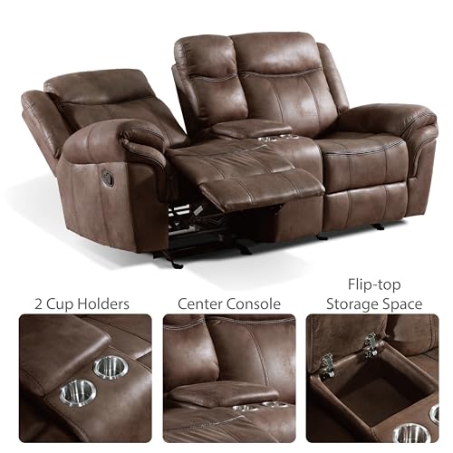 24/7 Shop at Home Amos Oversized Nursery Glider Recliner Chairs for Adults, Manual Comfy Reading Couch, Overstuffed Reclining Loveseat Sofa, Adjustable Comfy Theater Seating, for Living Room, Brown