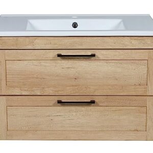 Modern Wall-Mounted Bathroom Vanity with Washbasin | Palm Beach Teak Natural Collection with Side Vanity Cabinet | Non-Toxic Fire-Resistant MDF-64 (12+40+12)-Omega Collection 32"