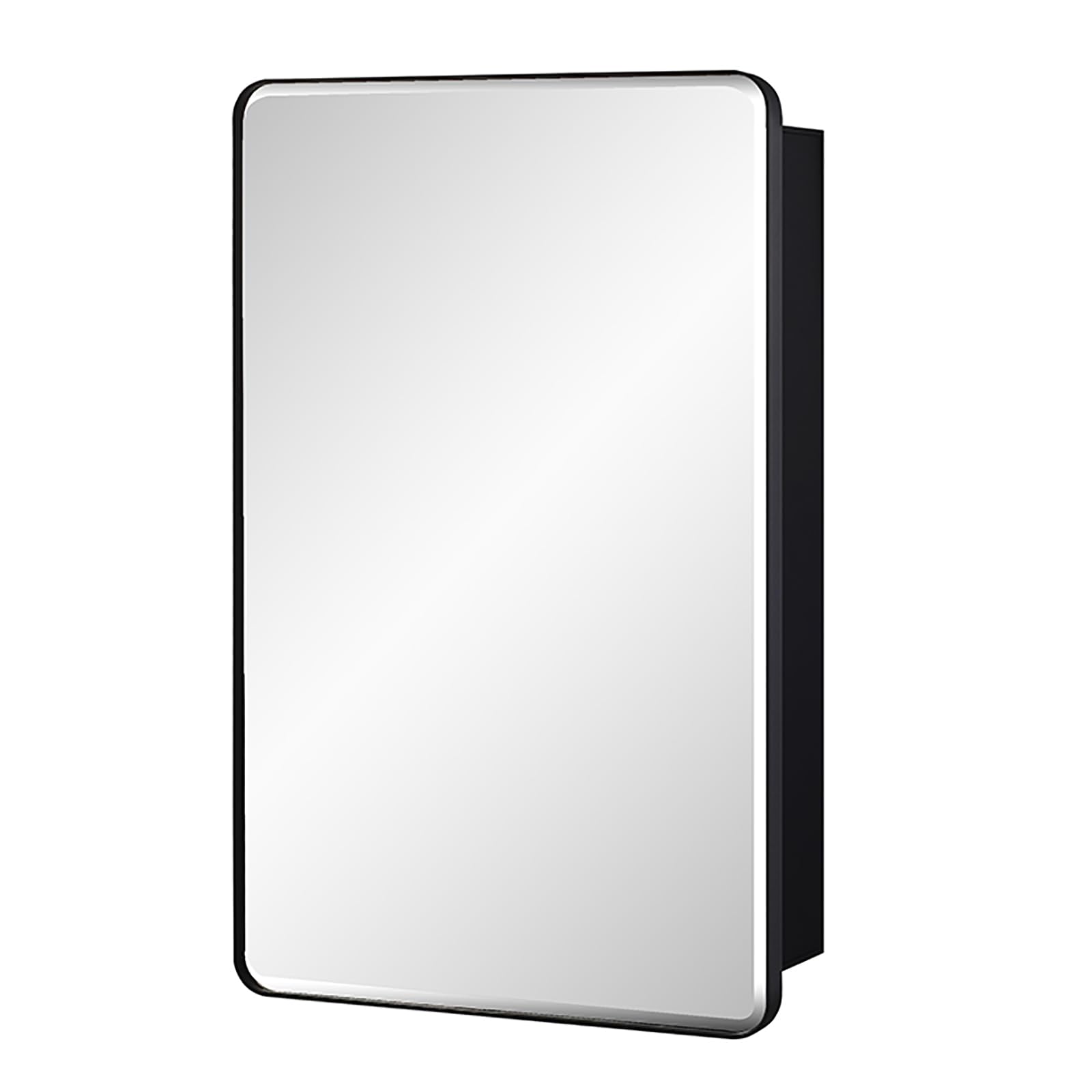 IDYLLOR Black Bathroom Mirror Medicine Cabinet with Round Corner Framed Door and Beveled Edge Mirror 15 x 25 inch, Recessed or Surface Mount, with Adjustable Glass Shelves