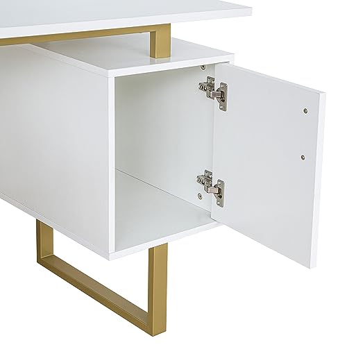 Techni Mobili Storage Drawers and Cabinet 51.25” W-Modern Office Large Floating Desktop Surface Desk, 23.6" D x 51.2" W x 29.8" H, White/Gold