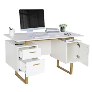 Techni Mobili Storage Drawers and Cabinet 51.25” W-Modern Office Large Floating Desktop Surface Desk, 23.6" D x 51.2" W x 29.8" H, White/Gold