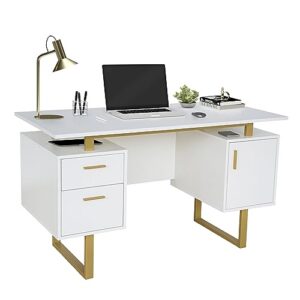 techni mobili storage drawers and cabinet 51.25” w-modern office large floating desktop surface desk, 23.6" d x 51.2" w x 29.8" h, white/gold