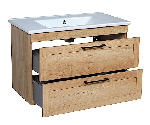 Modern Wall-Mounted Bathroom Vanity with Washbasin | Palm Beach Teak Natural Collection with Side Vanity Cabinet | Non-Toxic Fire-Resistant MDF-64 (12+40+12)-Omega Collection 32"