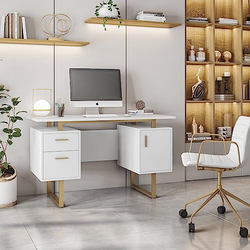 Techni Mobili Storage Drawers and Cabinet 51.25” W-Modern Office Large Floating Desktop Surface Desk, 23.6" D x 51.2" W x 29.8" H, White/Gold