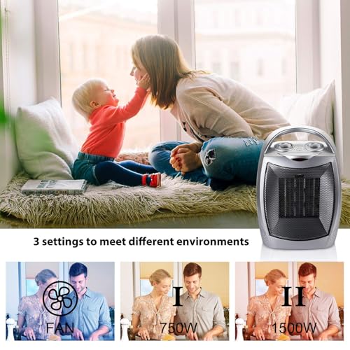 Portable Small Electric Space Heater with Thermostat,1500W/750W Ceramic MIni Heater for Indoor Use,Fast Heating,Desk Heater Fan with 3 Heat Settings,Built-in Overheat & Tip-Over Protection (Silver)