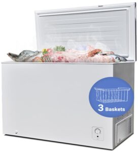 smeta deep freezer, chest freezer 10.5 cubic feet, chest 4 wheels adjustable thermostat, energy saving for garage, kitchen, office, meat, commercial with 3 baskets, white