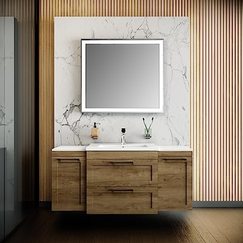 Modern Wall-Mounted Bathroom Vanity with Washbasin | Palm Beach Teak Natural Collection with Side Vanity Cabinet | Non-Toxic Fire-Resistant MDF-64 (12+40+12)-Omega Collection 32"