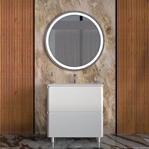 Modern Free Standing Bathroom Vanity with Washbasin | Comfort White High Gloss Collection with Side Vanity Cabinet | Non-Toxic Fire-Resistant MDF-64 (12+40+12)-Omega Collection R-line 32"