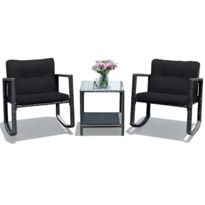 costway 3pcs patio rattan furniture set rocking chairs cushioned sofa black