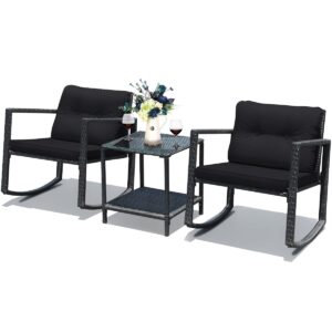 COSTWAY 3PCS Patio Rattan Furniture Set Rocking Chairs Cushioned Sofa Black