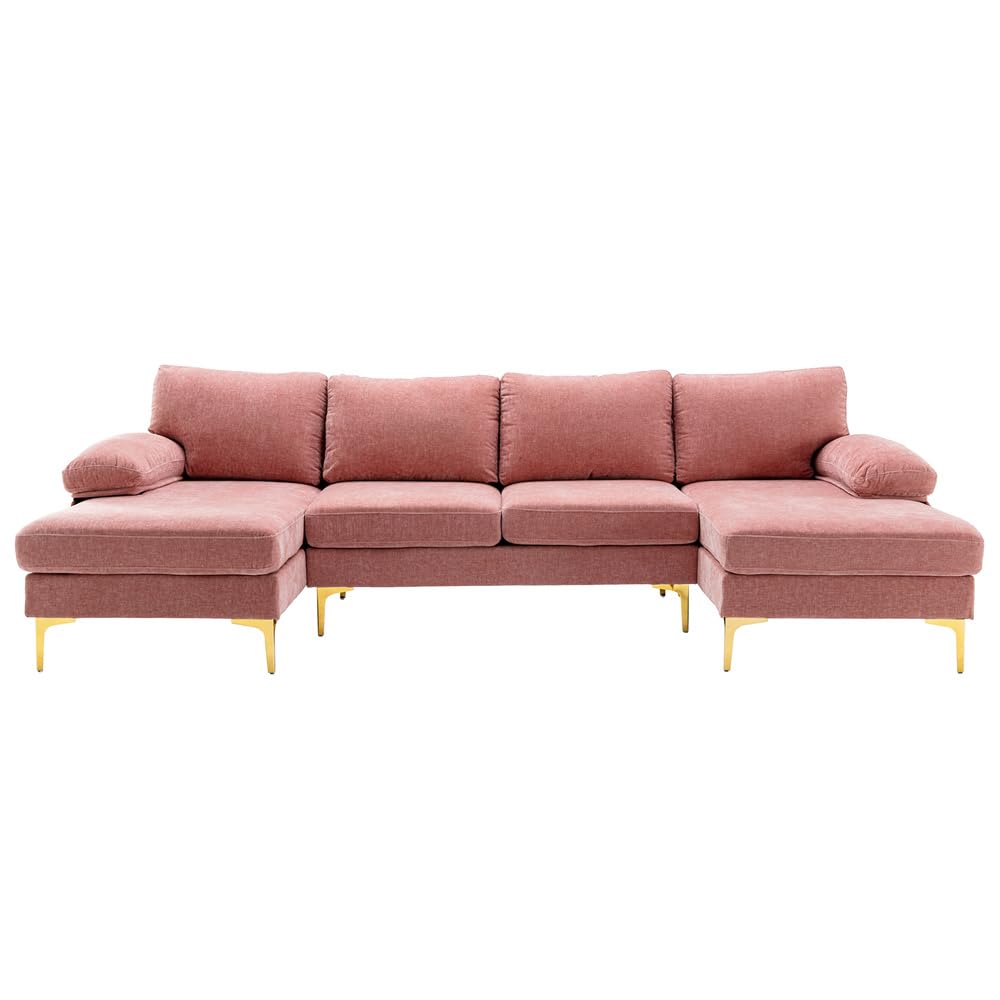 Convertible Sectional Sofa with Double Chaise Lounge, 110.63" U-Shaped Accent Sofa with 2 Arm Pillows and Golden Metal Legs, Modern Fabric Upholstered Sectional Sofa for Apartment Office, Pink