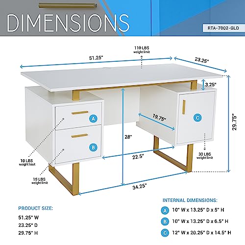 Techni Mobili Storage Drawers and Cabinet 51.25” W-Modern Office Large Floating Desktop Surface Desk, 23.6" D x 51.2" W x 29.8" H, White/Gold