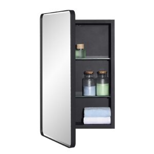 idyllor black bathroom mirror medicine cabinet with round corner framed door and beveled edge mirror 15 x 25 inch, recessed or surface mount, with adjustable glass shelves