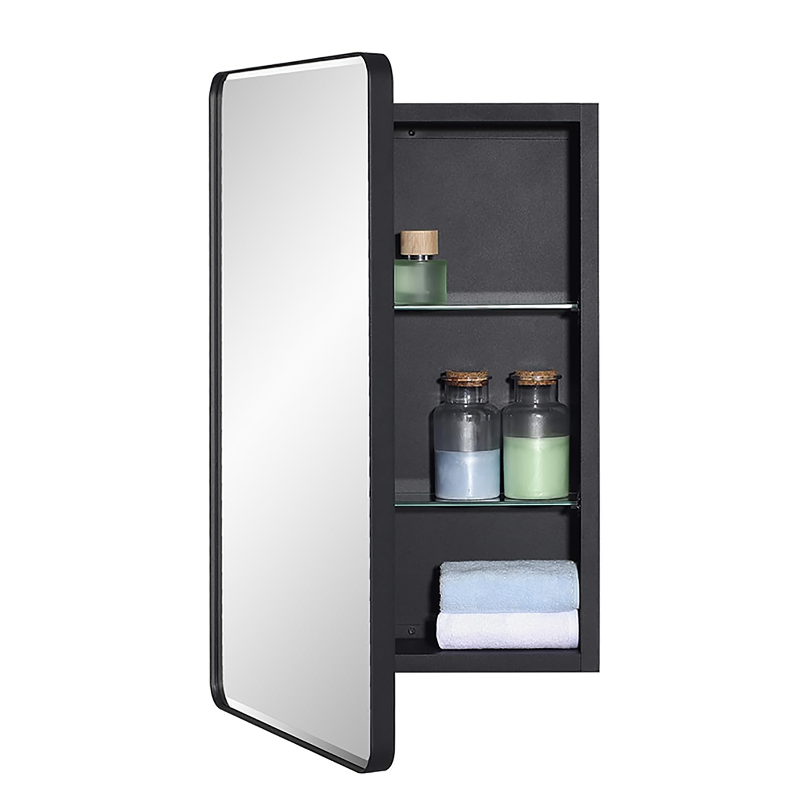 IDYLLOR Black Bathroom Mirror Medicine Cabinet with Round Corner Framed Door and Beveled Edge Mirror 15 x 25 inch, Recessed or Surface Mount, with Adjustable Glass Shelves