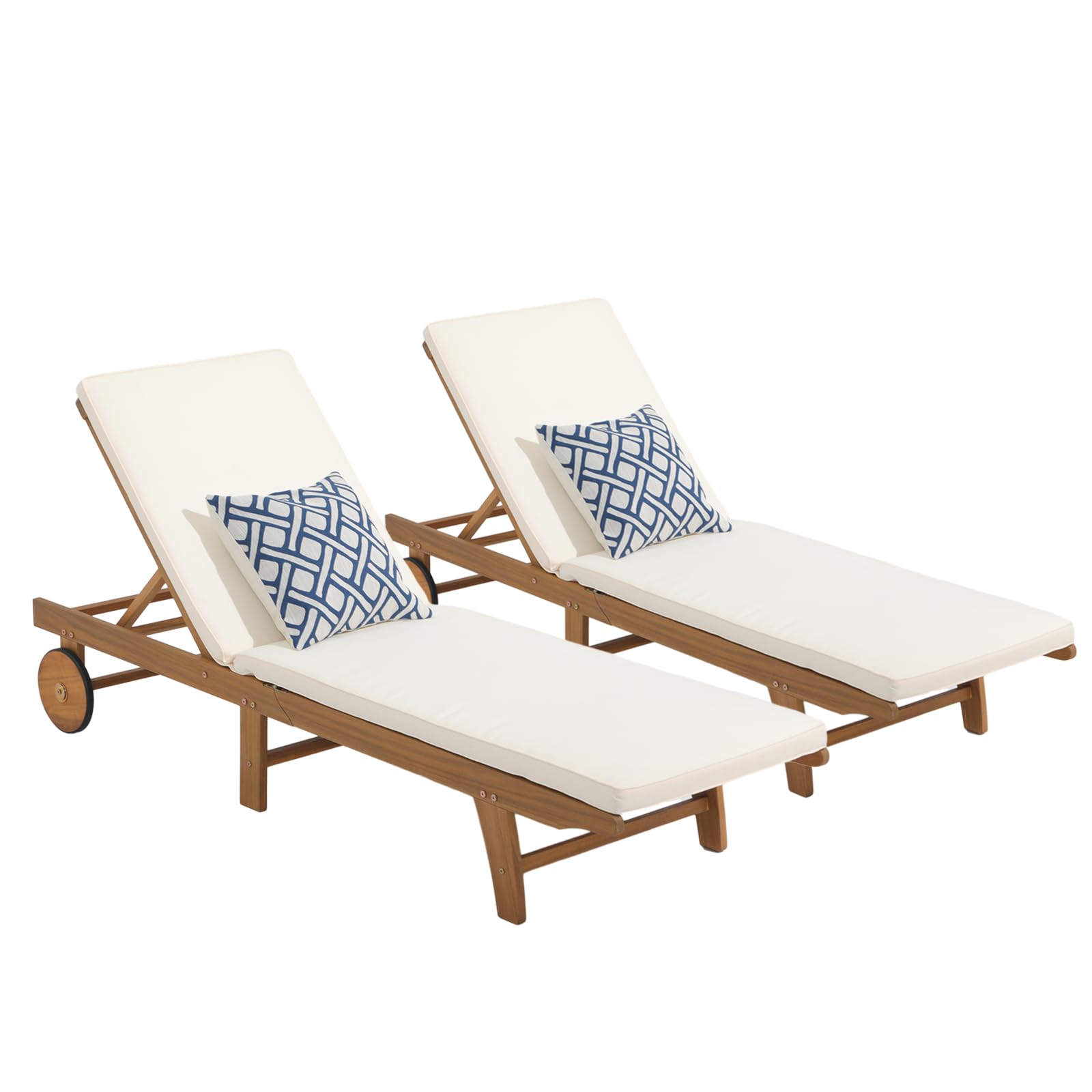 Patiorama Patio Acacia Wood Chaise Lounge Set of 2, Outdoor Folding Lounge Chair Recliner w/Adjustable Backrest, Wheels, Padded Cushion, Portable Sun Lounger Pool Chair for Deck, FSC Certified, Cream