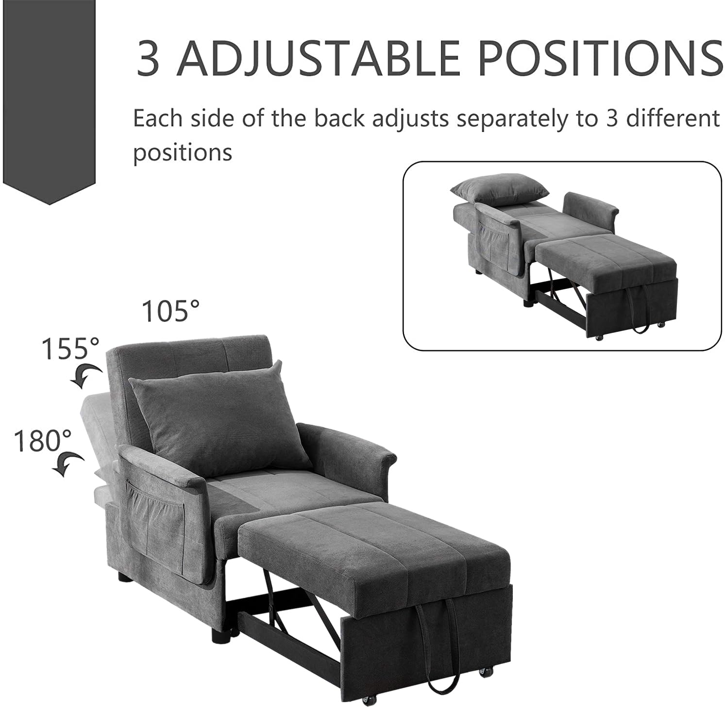 BINGTOO Convertible Chair Sleeper Bed with Lumbar Pillow, 3 in 1 Multi-Function Adjustable Ottoman Bed Bench Guest Sofa Bed Chair, Folding Ottoman Sleeper Guest Bed for Bedroom,Living Room