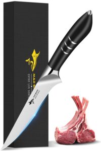 mad shark boning knife 6 inch, razor sharp german molybdenum-vanadium steel butcher knife for meat cutting, deboning knife, brisket meat trimming knife, fish fillet knife, bone knife