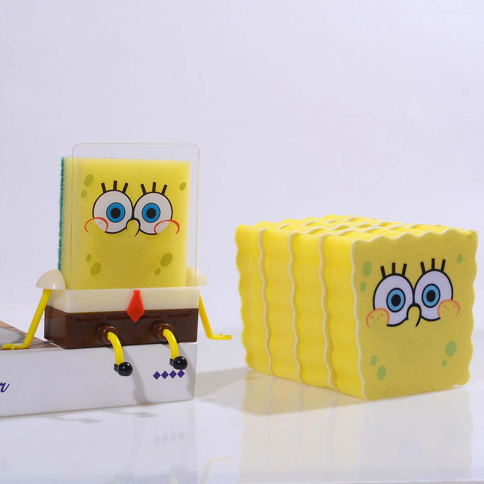 Kitchen Cartoon Sponge Holder, Creative Cleaning Sponge Holder with 4pc Sponge, Kitchen Sink Sponge Holder